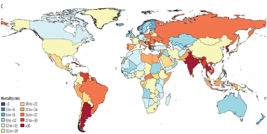 global map showing rates of antimicrobial resistance-related deaths
