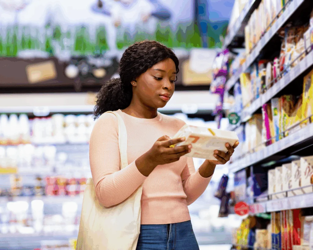 portrait of a young woman with tote bag holding food product, buying groceries at supermarket