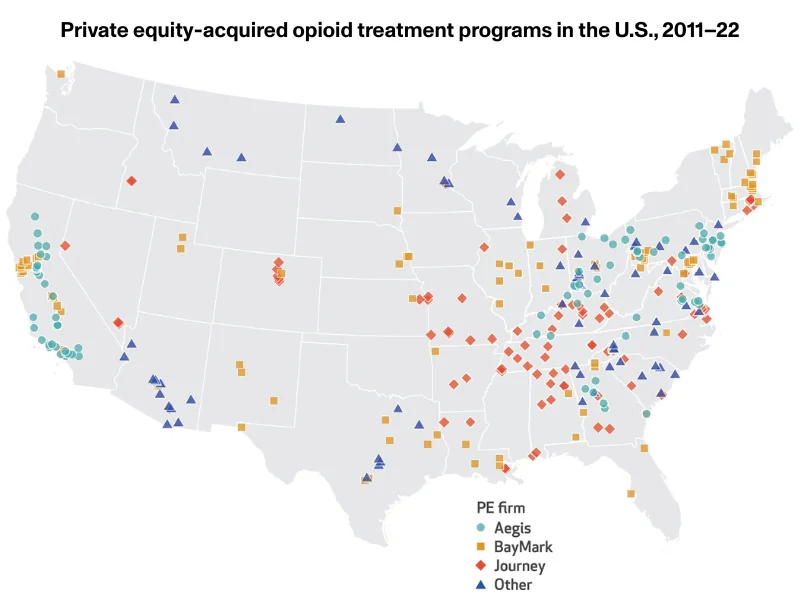 Map showing the number and location of private equity-acquired opioid treatment programs across the United States from 2011 to 2022