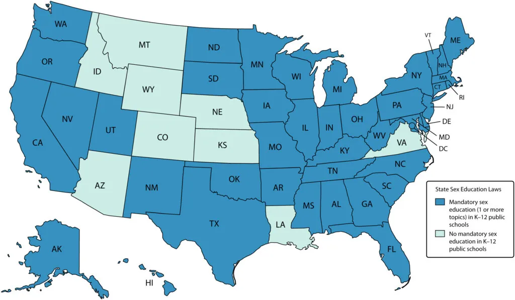 Map of the United States showing states that mandate sexual education in any content area in K-12 public schools