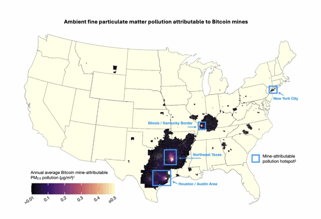 Map of the United States showing fine particulate matter pollution attributable to Bitcoin mines
