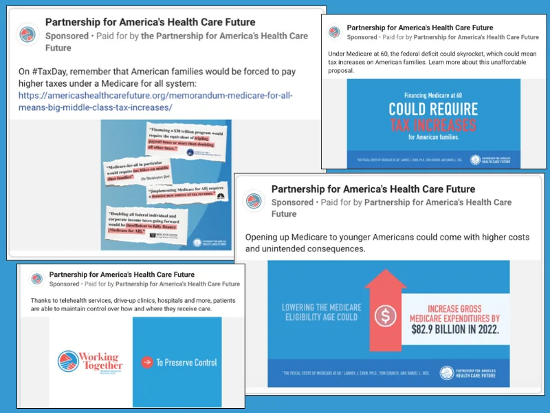 A collage of advertising posts from Partnership for America's Health Care Future, opposing universal health care
