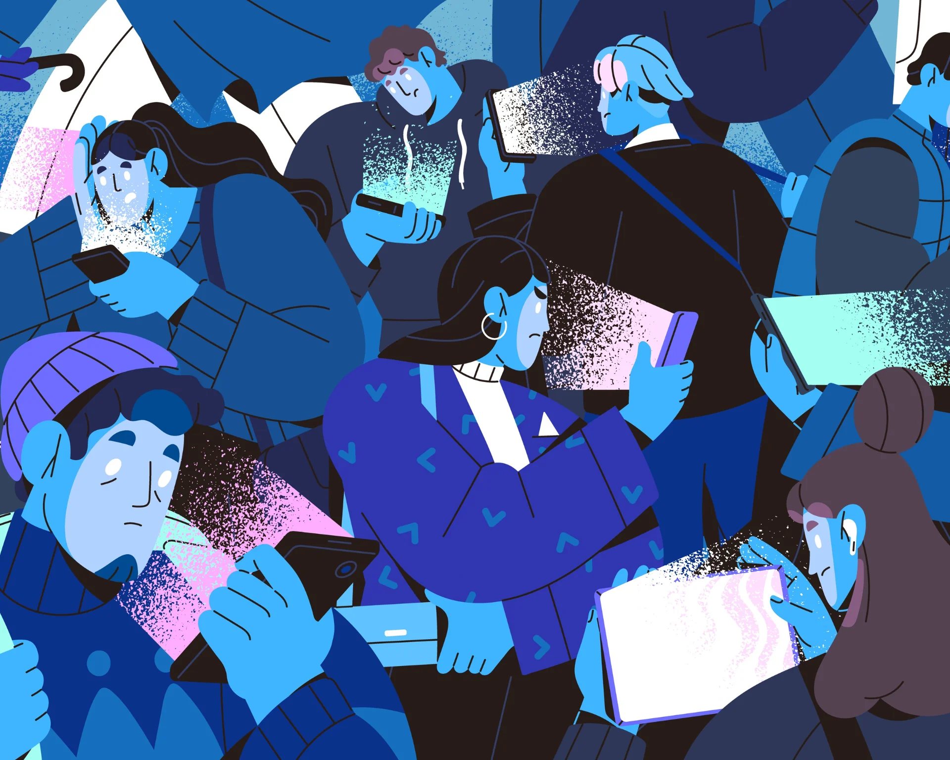 Illustration of a crowd of individuals looking at their phones, scrolling headlines and looking outraged, sad, and angry. Clickbait and rage bait concept.