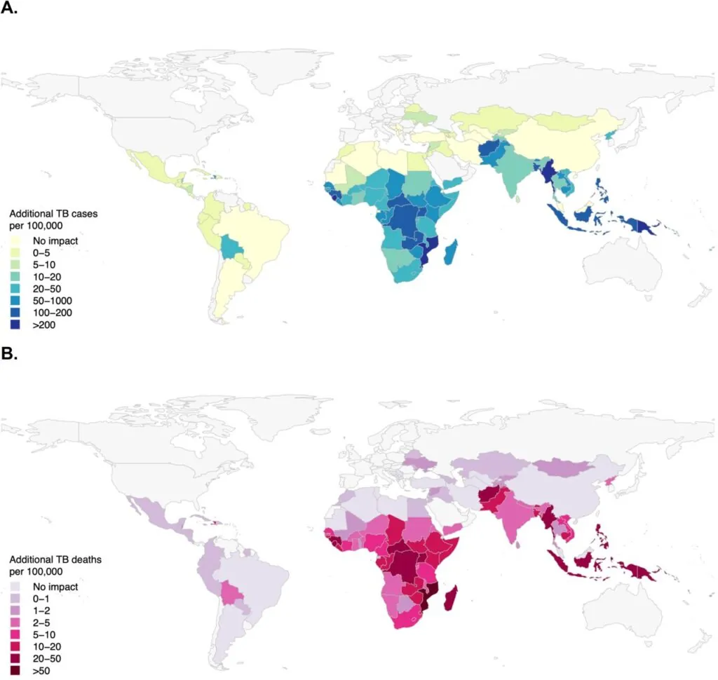 Global maps showing additional tuberculosis cases (A) and deaths (B) under the most extreme funding reduction scenario, as compared to continued funding, 2025-2034.