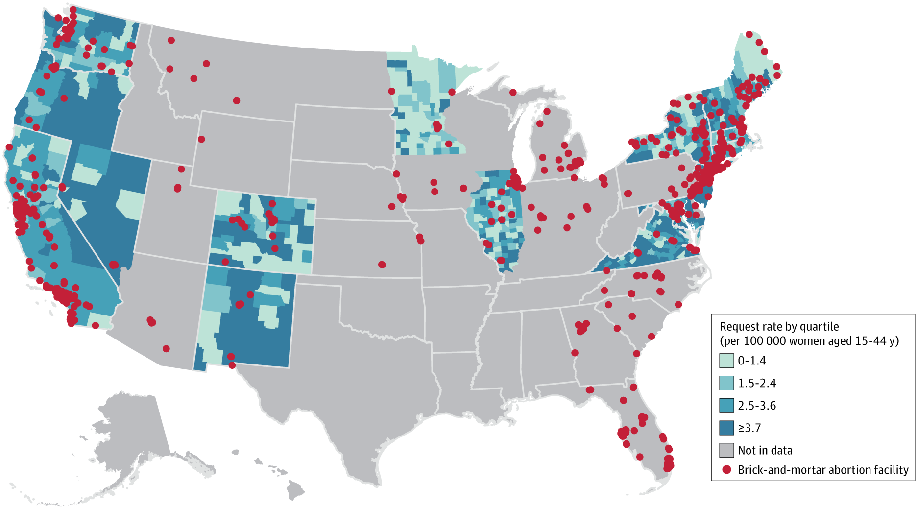 Map showing the average monthly completed telehealth medication abortion service request rate by US county between November 2021 and February 2023