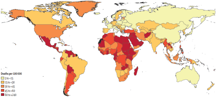 Map of world showing chronic kidney disease-related deaths per 100,000