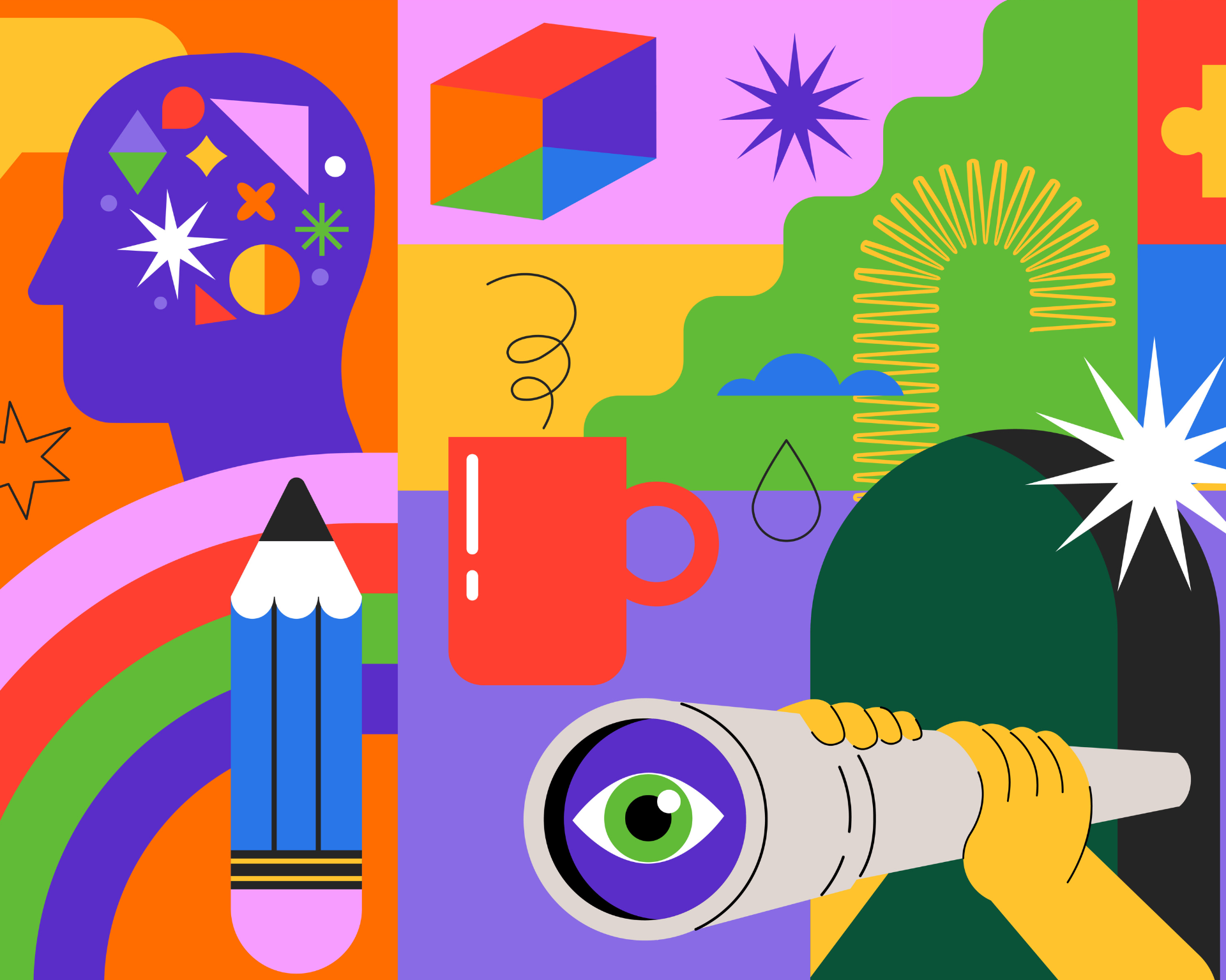 Idea, thinking out of the box, creativity and design background, banner, poster. Geometrical style vector design with light bulb, brain, pencil. Colorful concept illustration for imagination.