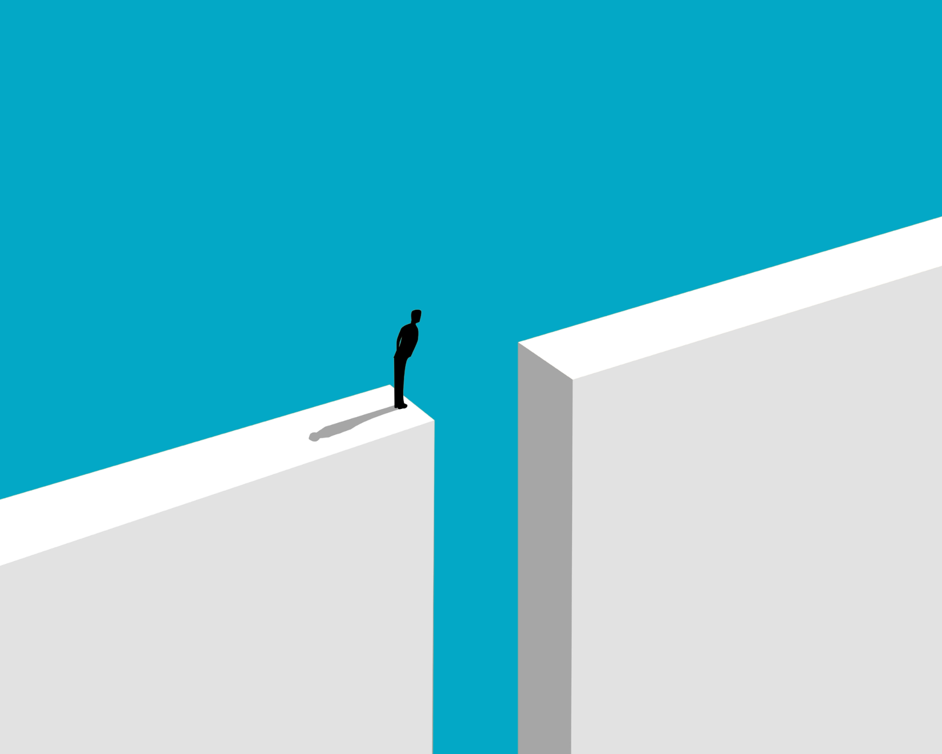 Figure standing on edge of platform, looking into the gap between. Public health knowledge gap concept