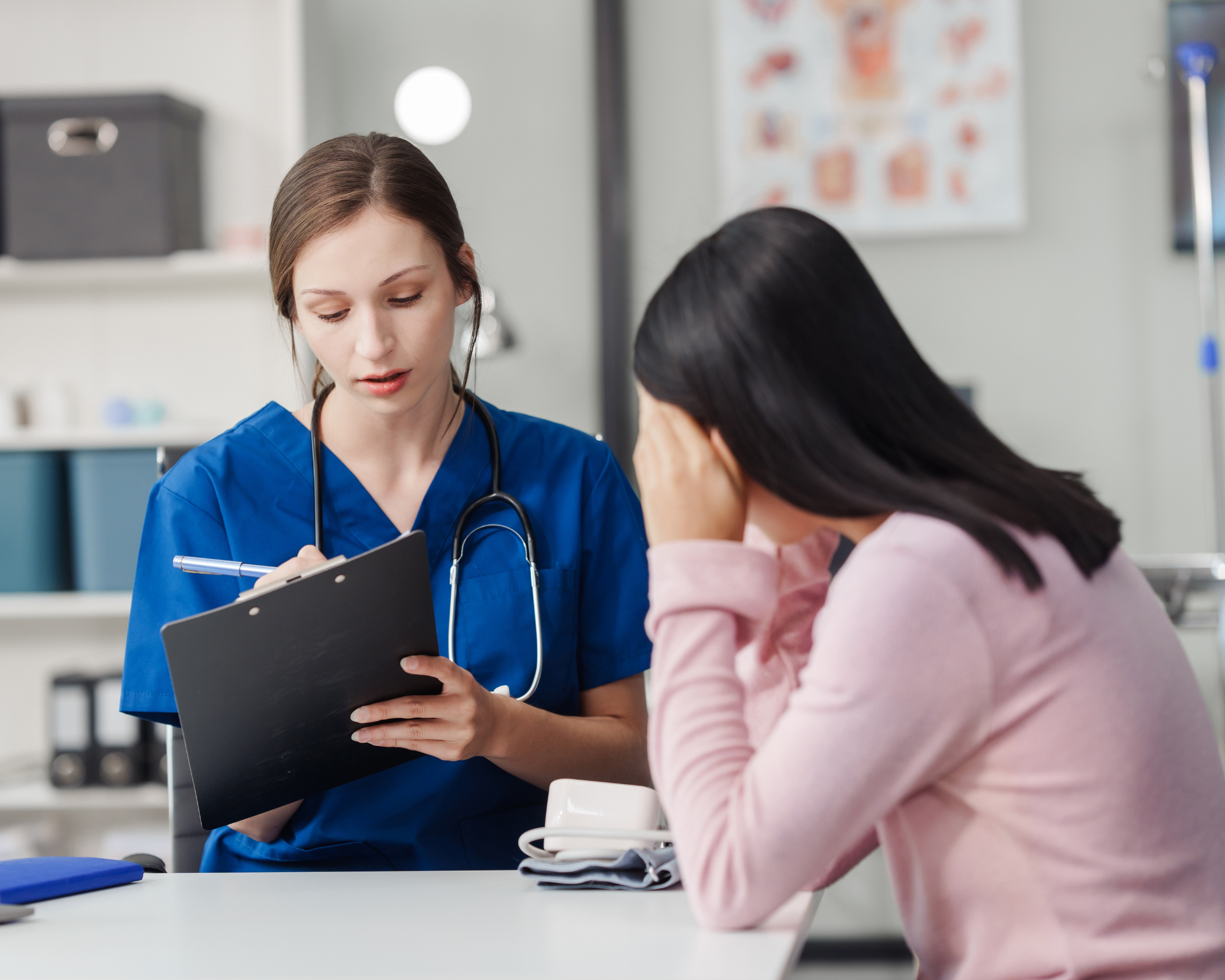 Doctor taking notes while talking with a confused patient. Health communication concept