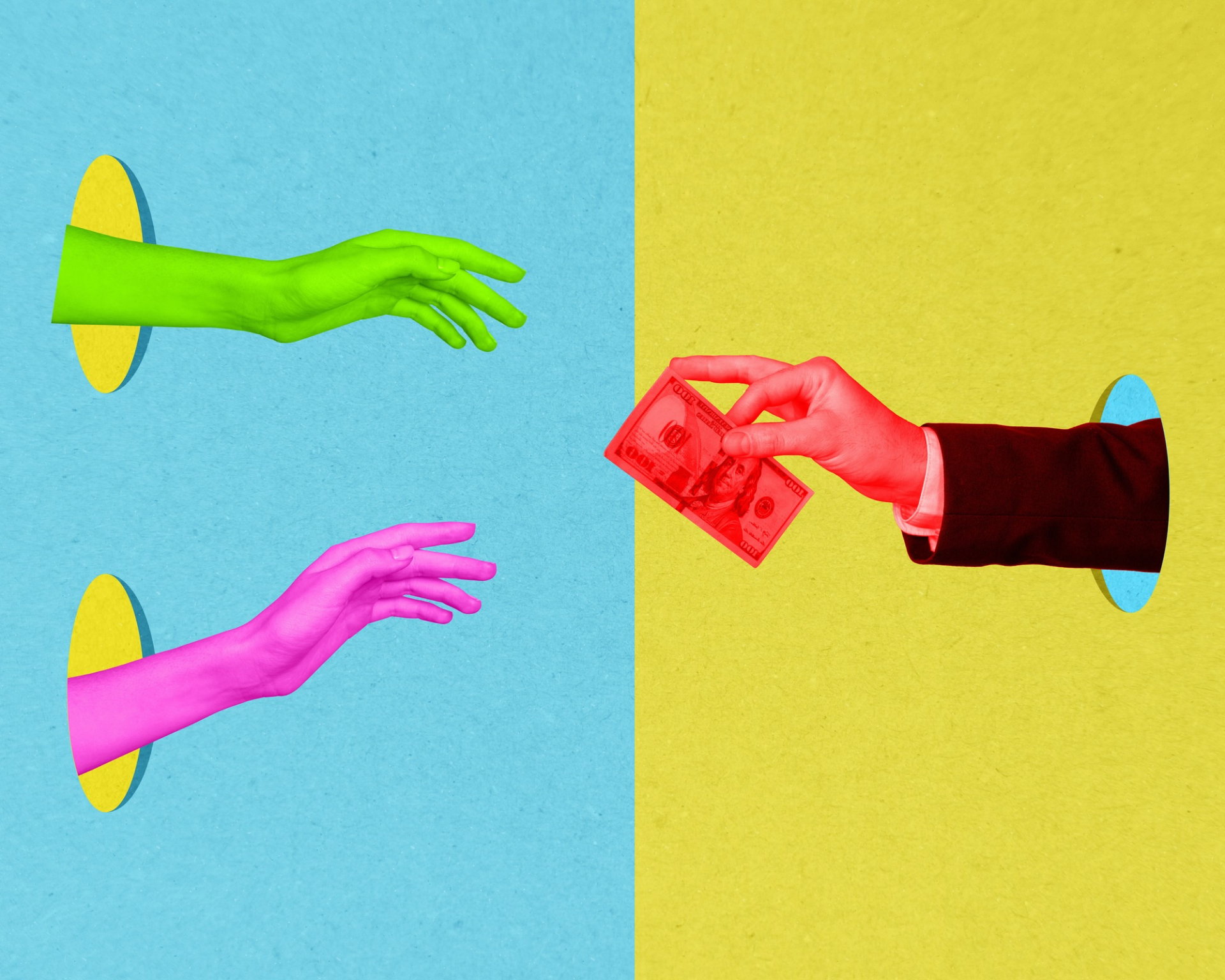 Horizontal creative artwork photo collage of two people's hands reaching for cash from the arm of a rich businessman