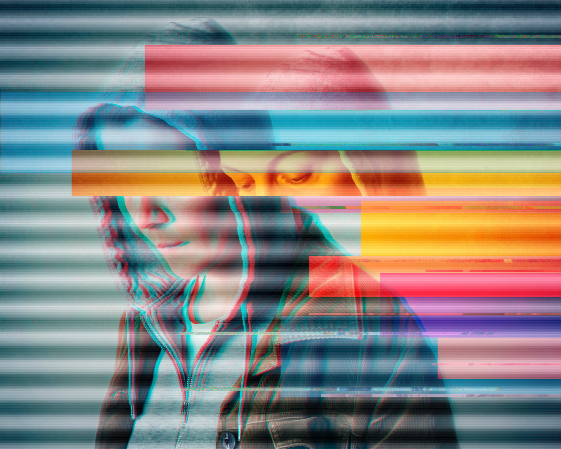 Depressed lonely person. ACEs concept. Glitched style photo