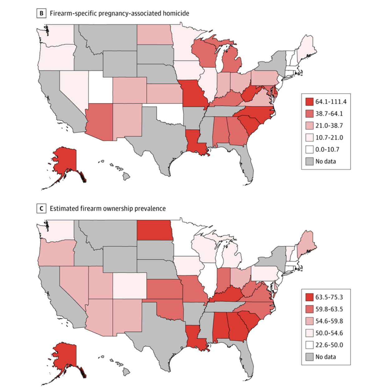 Maps showing State-Level Pregnancy-Associated Firearm-Specific Homicide Rates (B), and Estimated Firearm Ownership Rates (C) in the US, 2018-2021